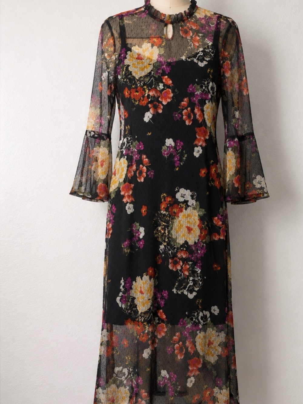 Monteau Black Floral Mesh Midi Dress with Yellow & Pink Blooms